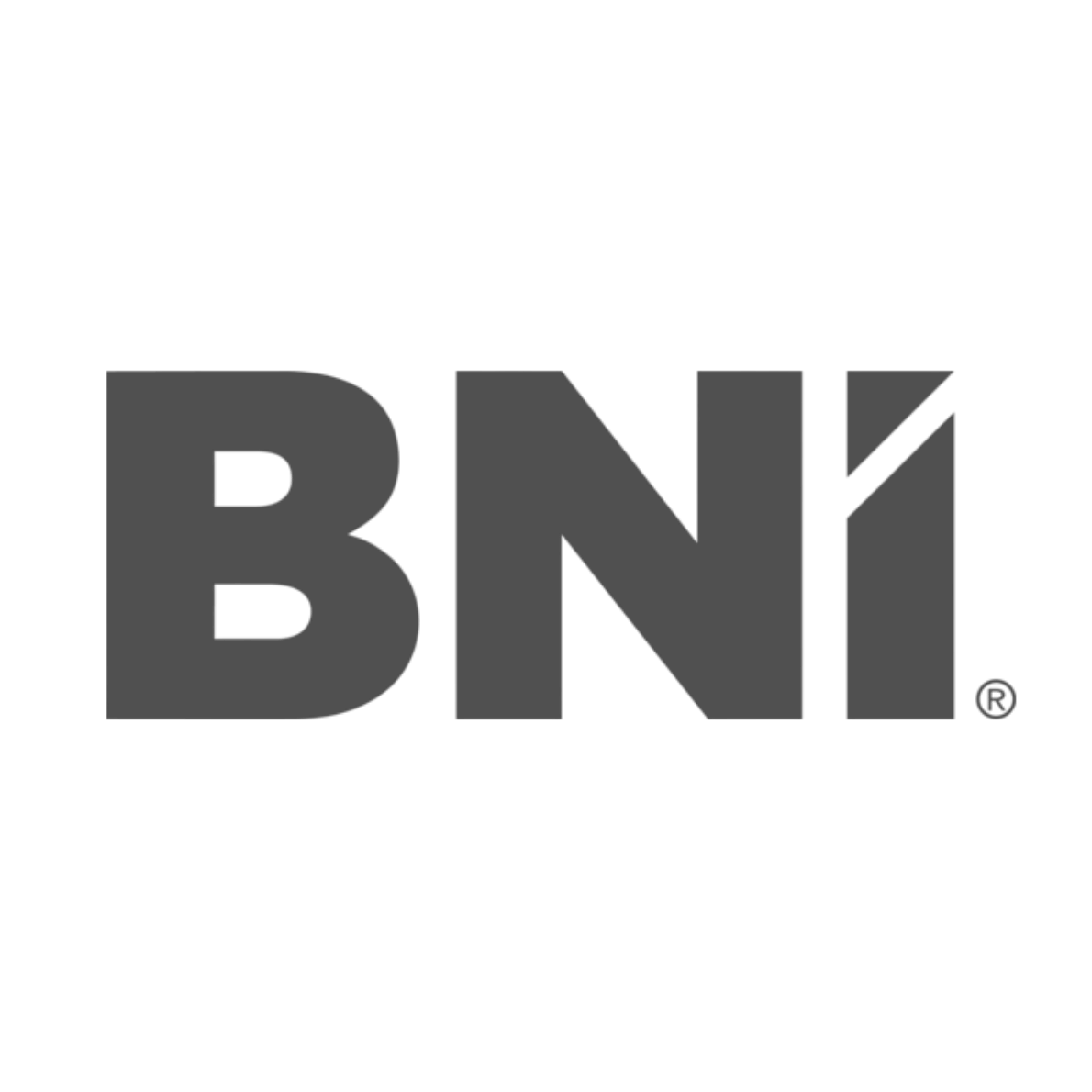Black and white BNI business network international logo on white background.