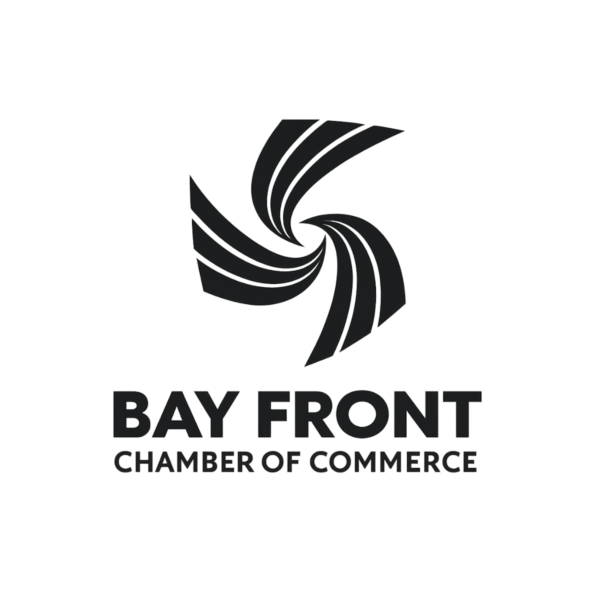Black and white spiral logo design for Bay Front Chamber of Commerce with bold text underneath.
