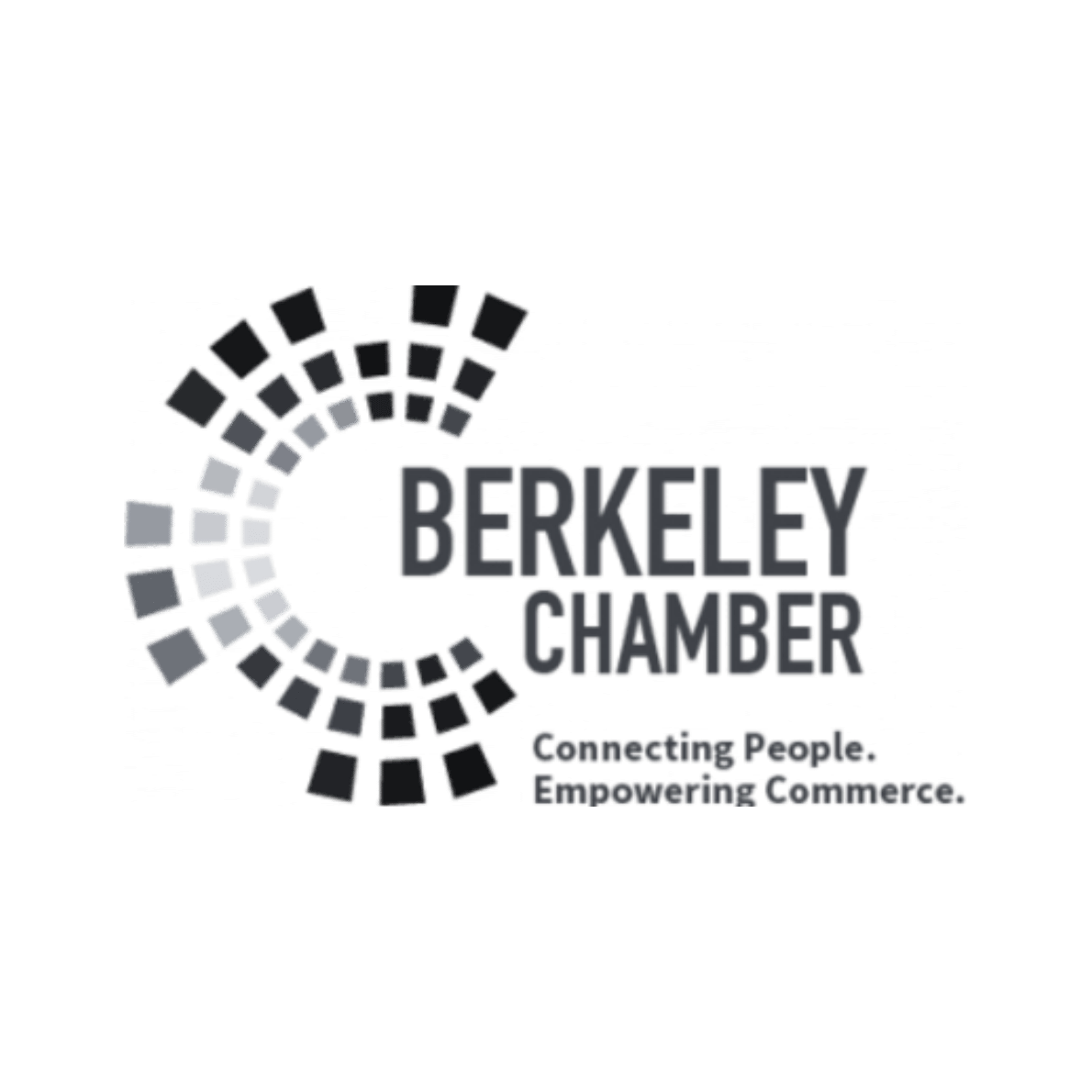 Four business logos in black and gray showing Berkeley Chamber and connecting people empowering commerce text.