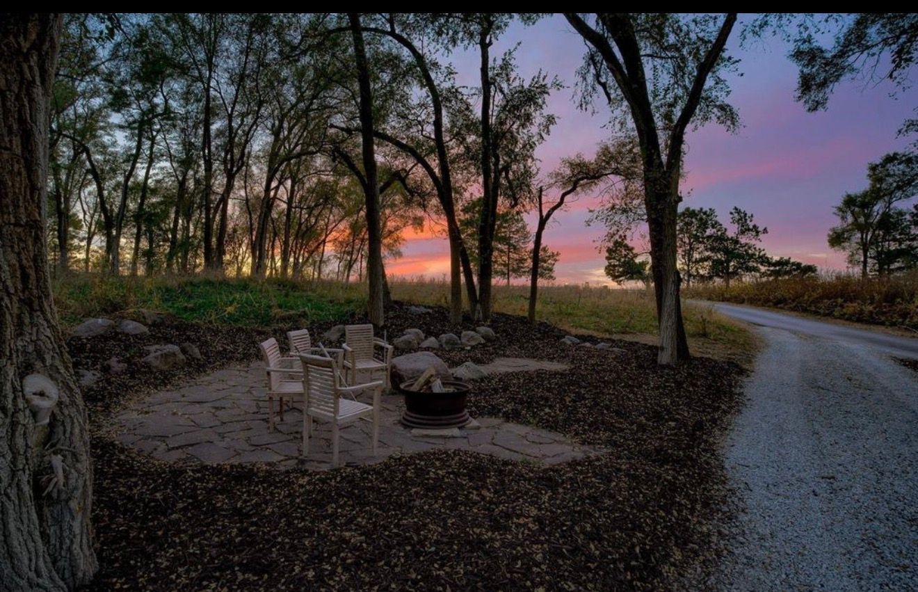 A panoramic sunset view of a wooded path with silhouetted trees and a colorful purple and orange sky in the background.