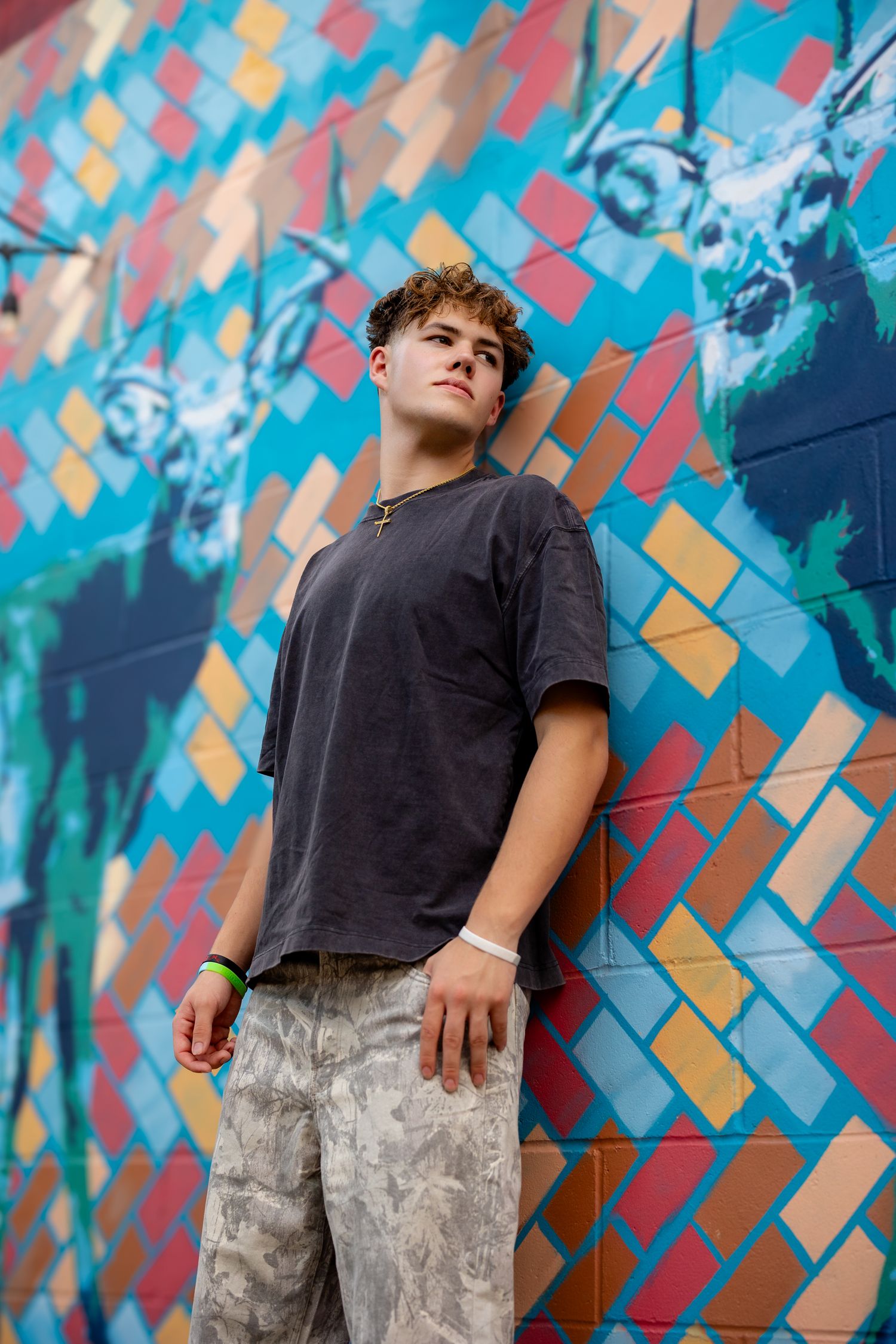 Young man in gray t-shirt and camo pants leaning against colorful mosaic mural wall with animal artwork.