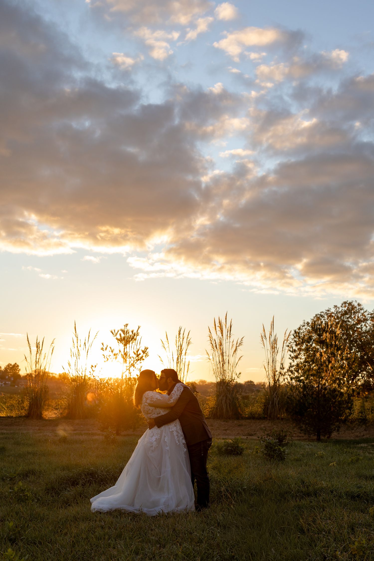 Bride and groom silhouetted against a golden sunset in a lush green field, sharing a romantic embrace.