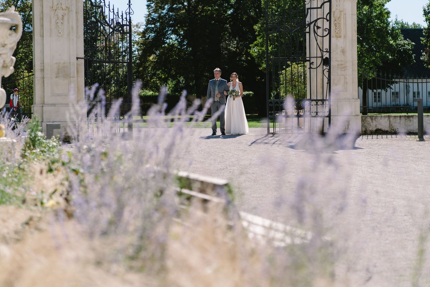 Scenic outdoor garden setting with decorative metal gates and stone pillars.