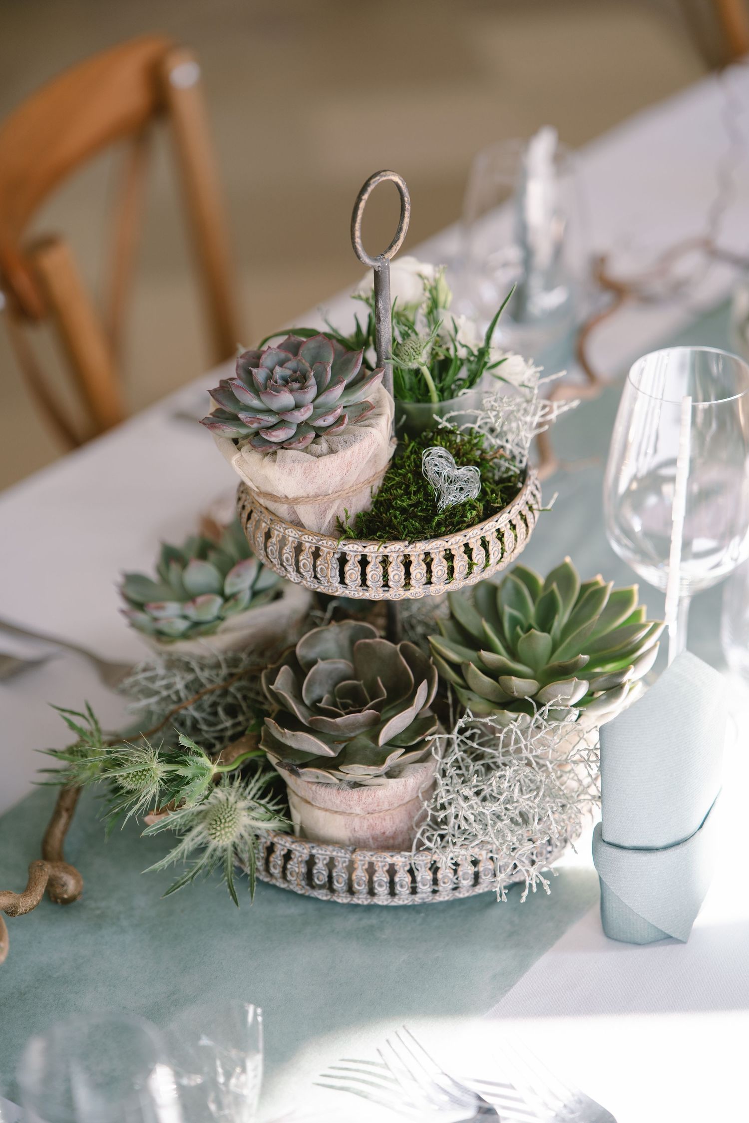 Elegant succulent centerpieces in vintage silver dishes on wedding reception tables.