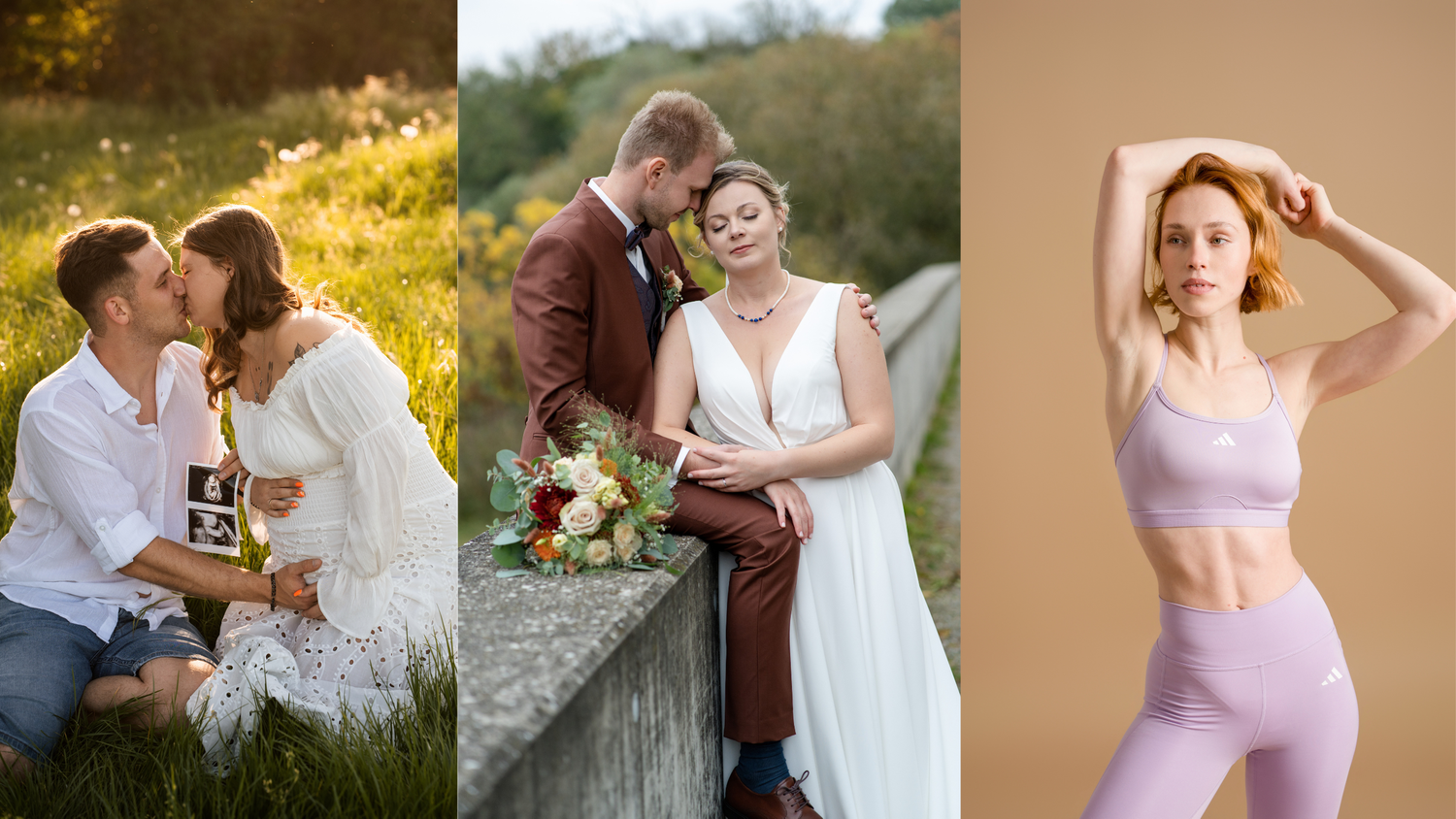 A collection of romantic outdoor maternity and wedding photos showing couples embracing in natural sunlit settings.