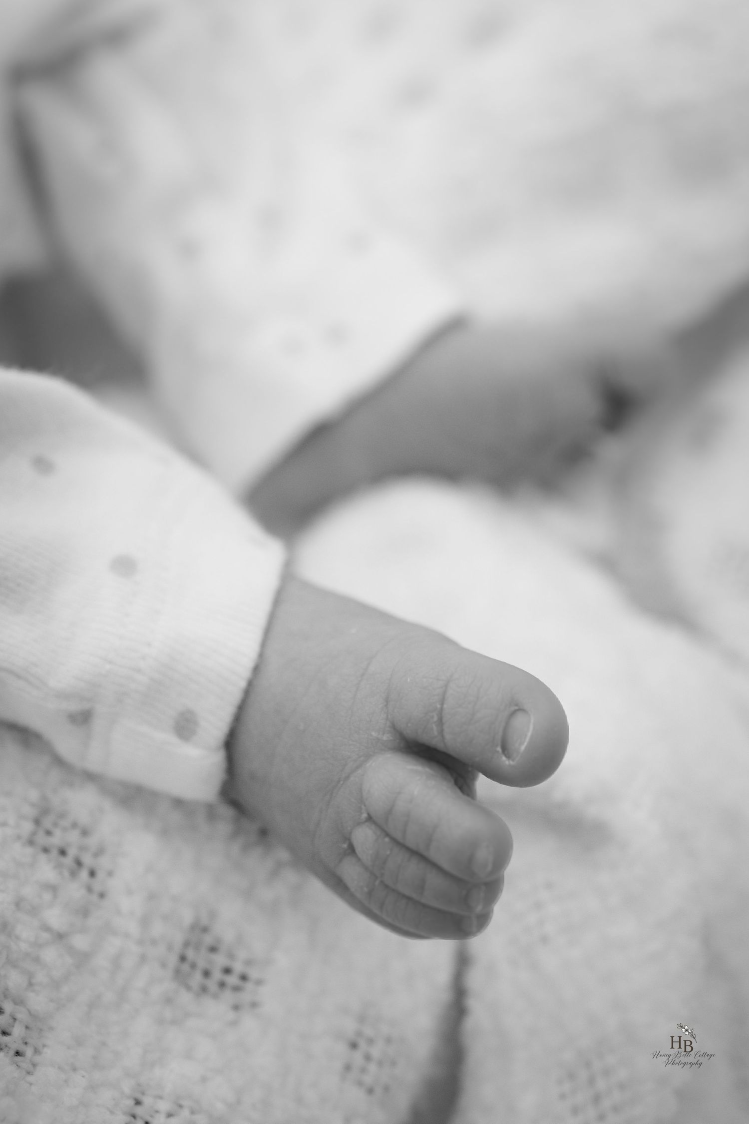 Black and white close-up photo of a newborn baby's tiny hand and fingers resting on a soft blanket.
