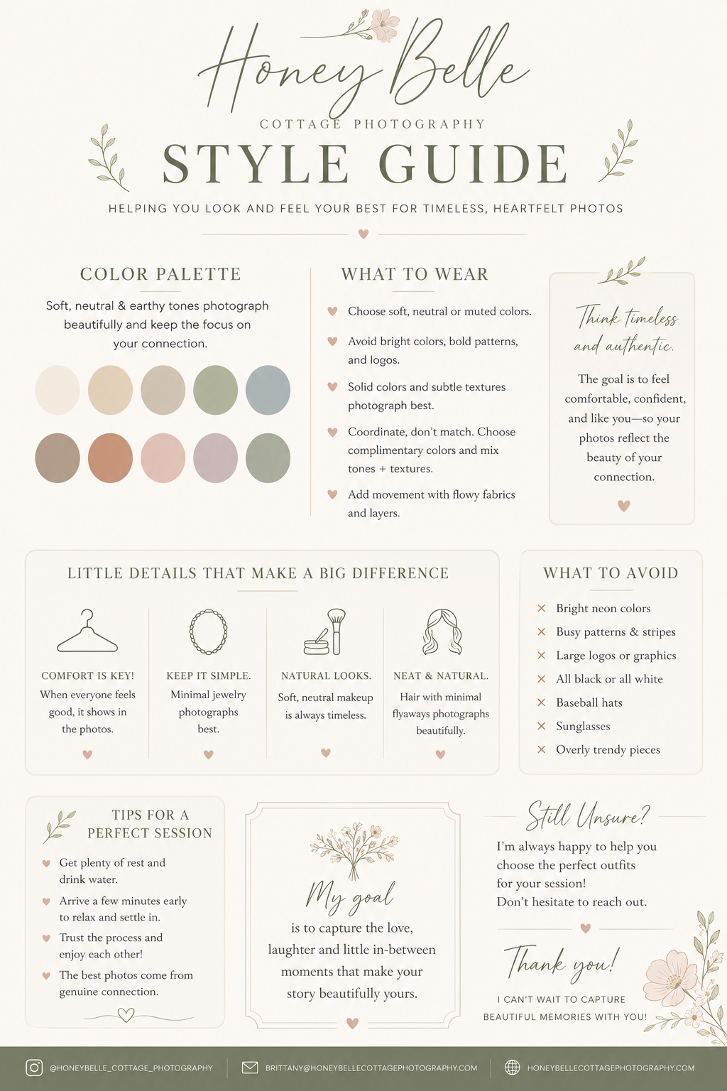 Honey Belle Cottage Photography style guide with color palette, outfit tips, and session advice for timeless heartfelt photos.