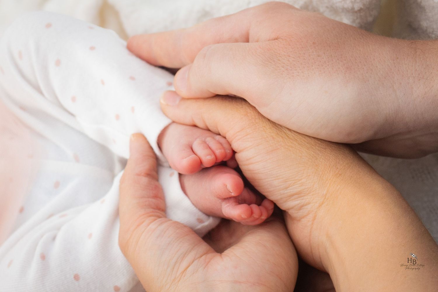 Two adult hands gently cradling a newborn baby's tiny feet and toes in a tender, loving moment.