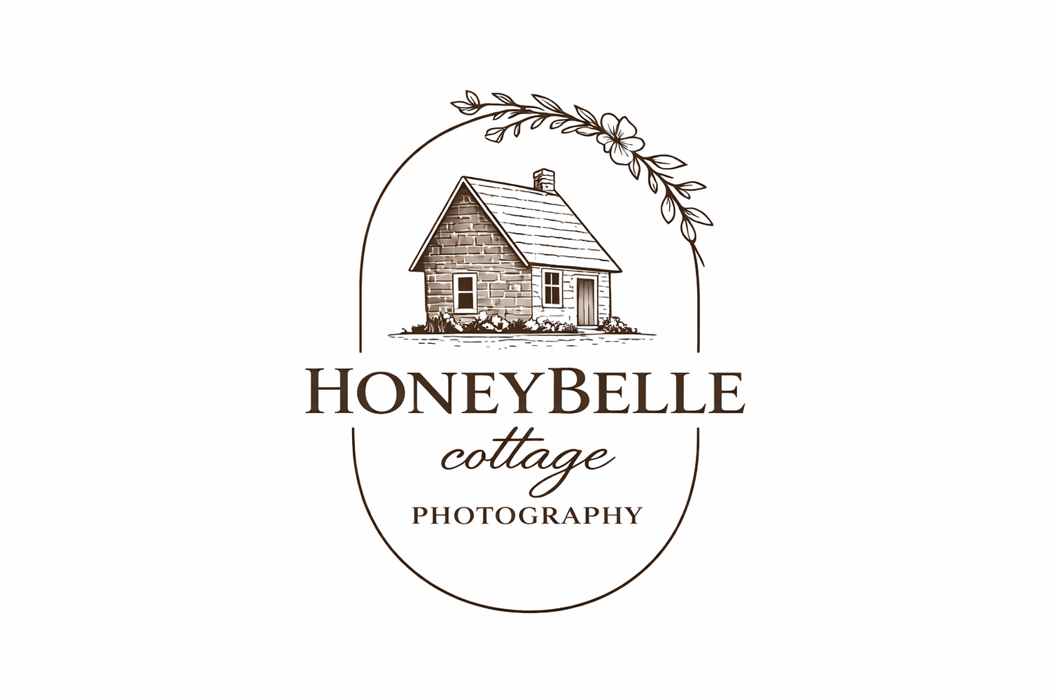 HoneyBelle Cottage Photography logo featuring a charming stone cottage illustration with floral accents in vintage brown tones.
