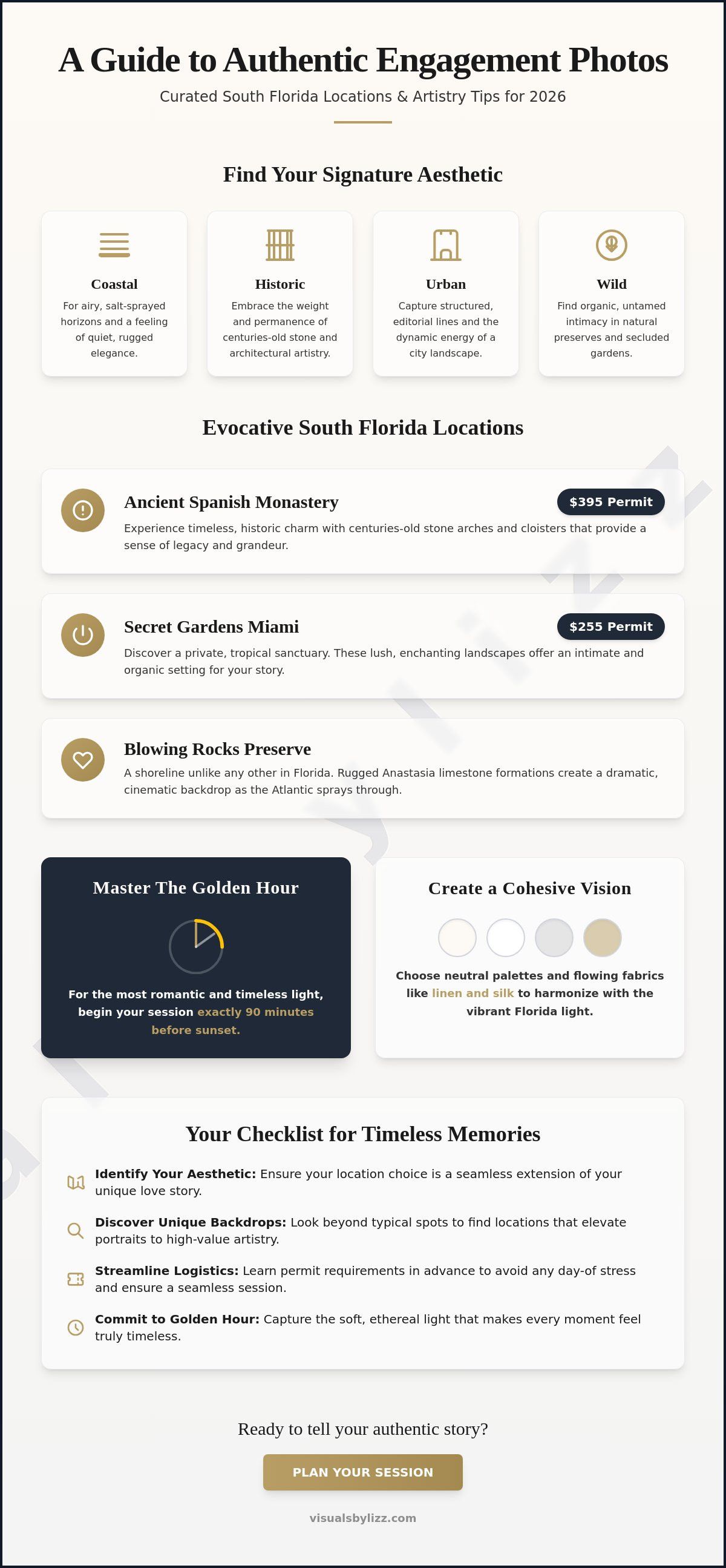Infographic guide to authentic engagement photos featuring South Florida locations, golden hour tips, and a checklist for timeless memories.