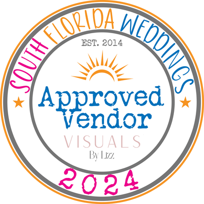 South Florida Weddings Approved Vendor badge for Visuals By Lizz, established 2014, certified for 2024.