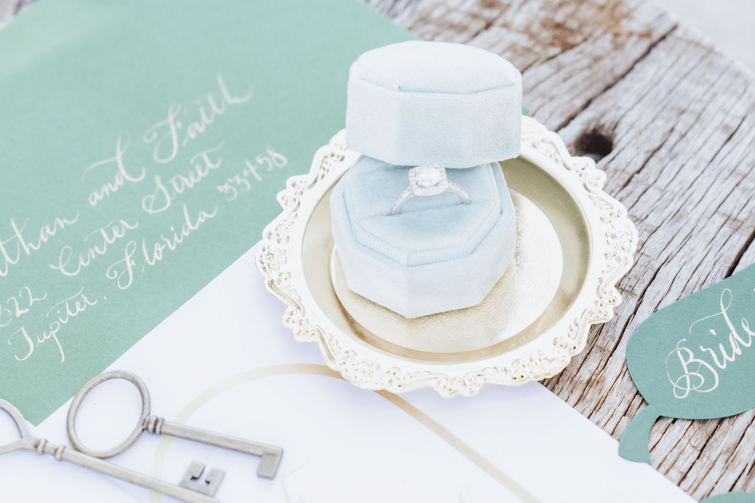 Wedding ring box and bridal details flat lay at Jupiter FL wedding — Visuals by Lizz, Treasure Coast wedding photographer