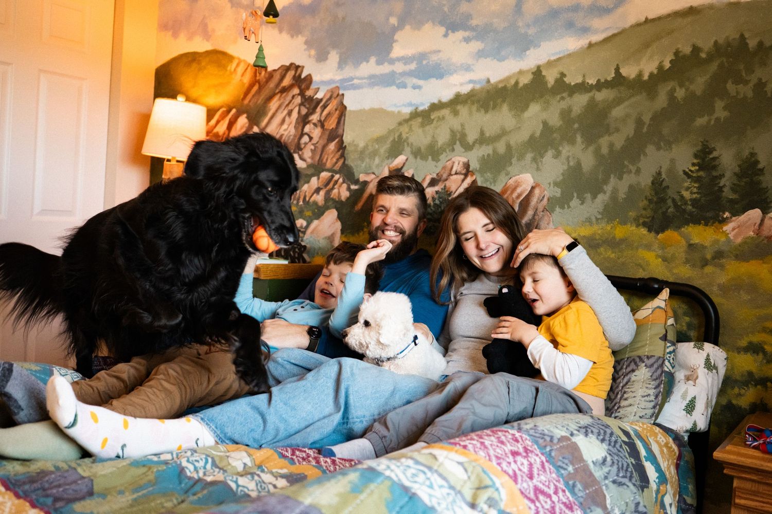 Mother, father and two sons laying on a bed with a small white dog laying in the middle, as a large black dog jumps onto the bed with a ball