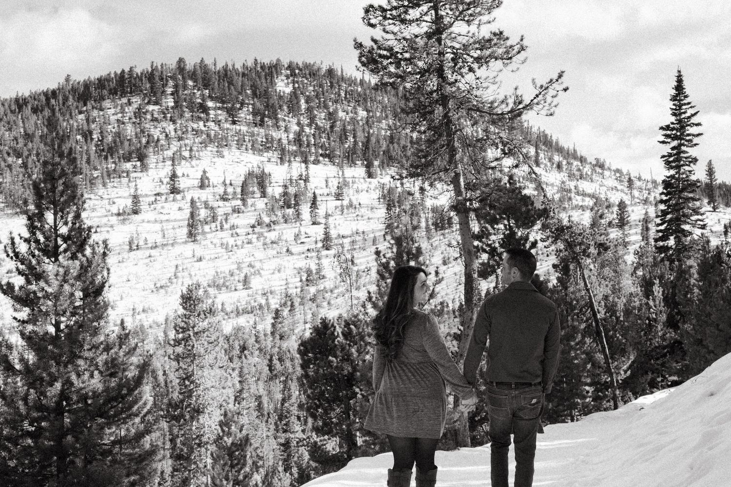 Black and white portrait of newly engaged couple, surrounded by dramatic landscape with trees and shadows at Sapphire Point Overlook.