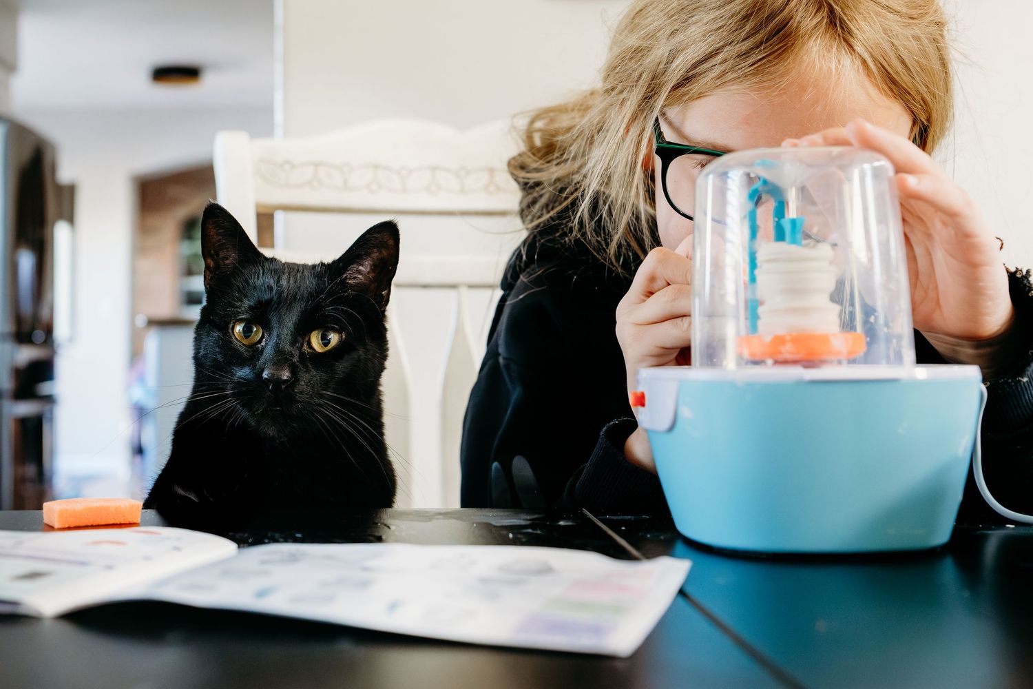 Girl crafting at table as black cat sits next to her, peering toward camera.