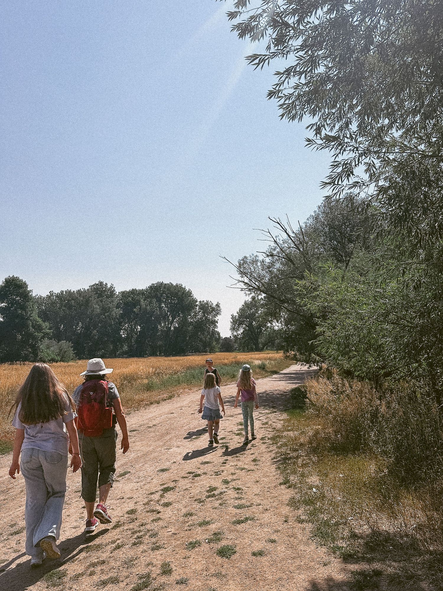 Four people walking down dusty trailhead at Denver nature walking path.