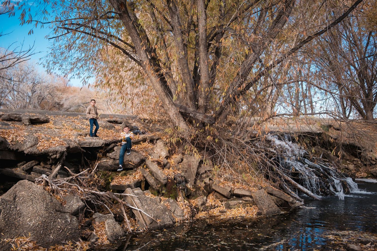 Two boys posed in fall foliage near waterfall at Golden Pond Parks.