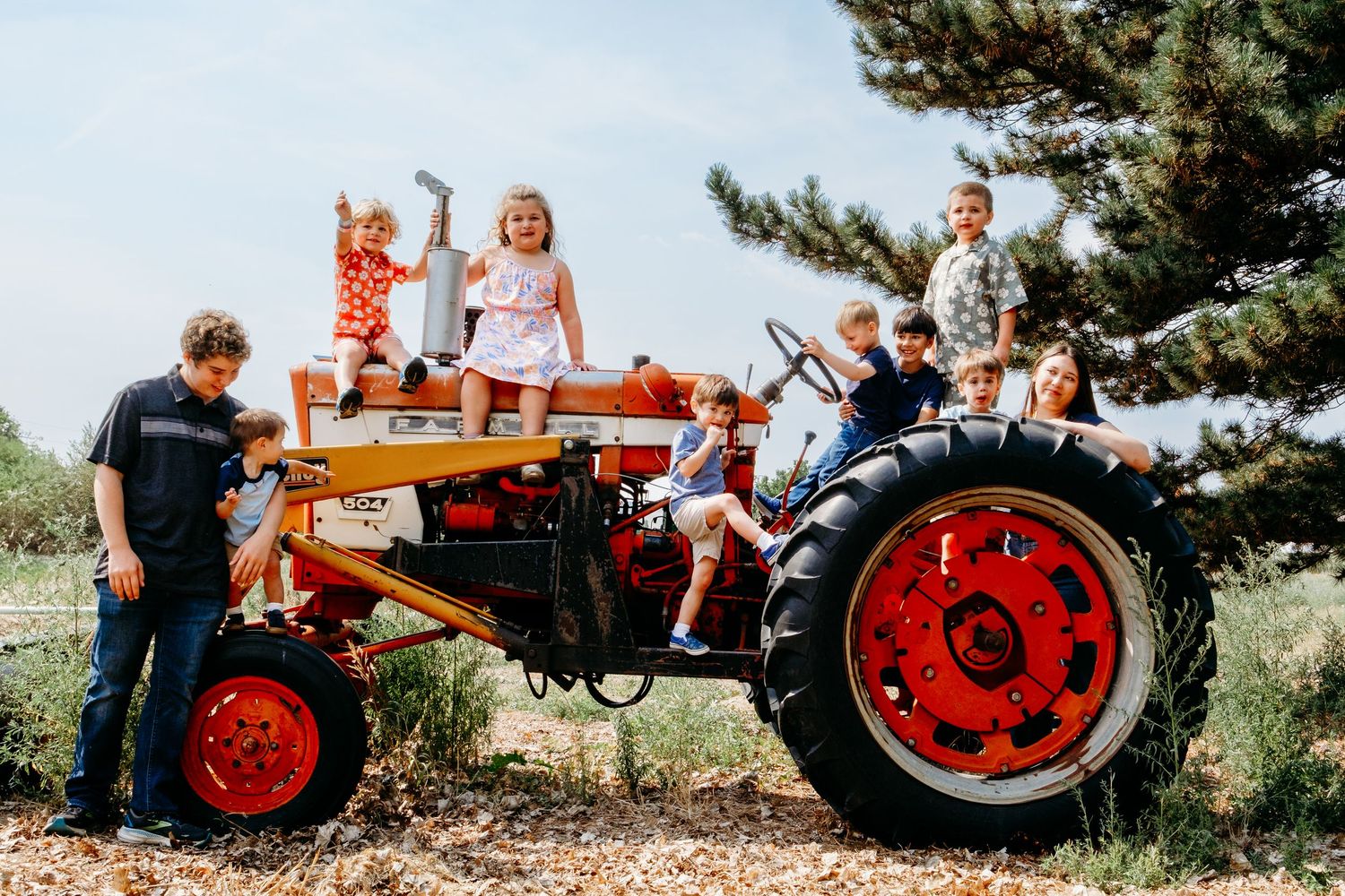 Generation of kids ranging in age from toddler to teenagers, all posed on a red tractor at family property in Golden, Colorado.