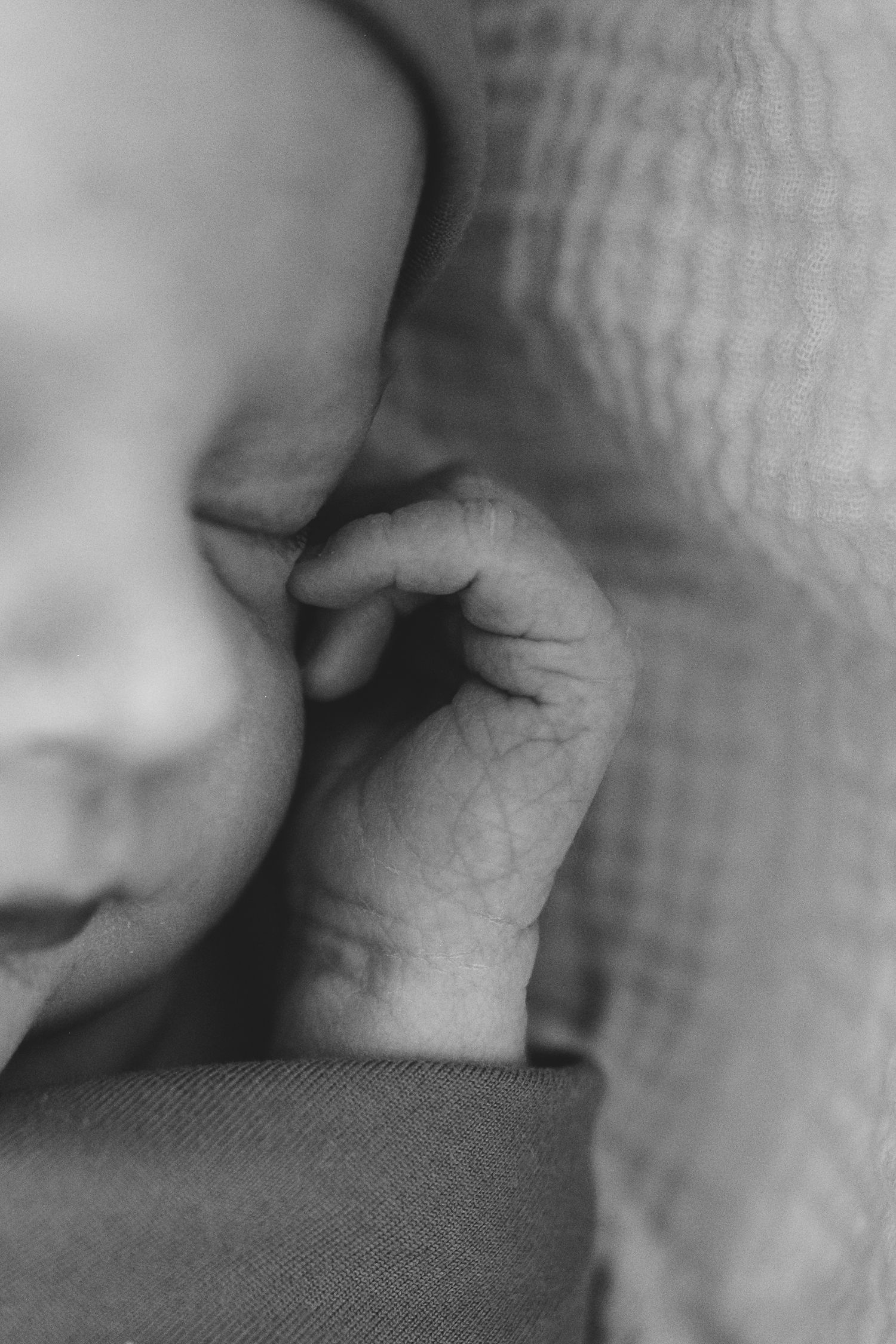 Close up newborn hand, swaddled in basinet in Fresh 48 session at Hospital.