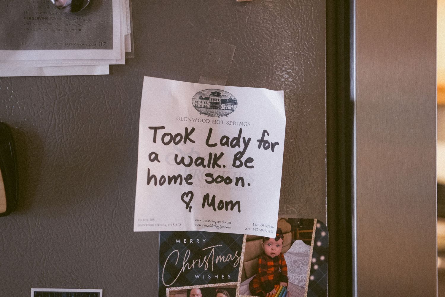 Details of family home in documentary Denver home session, close up of note mom wrote on the fridge.