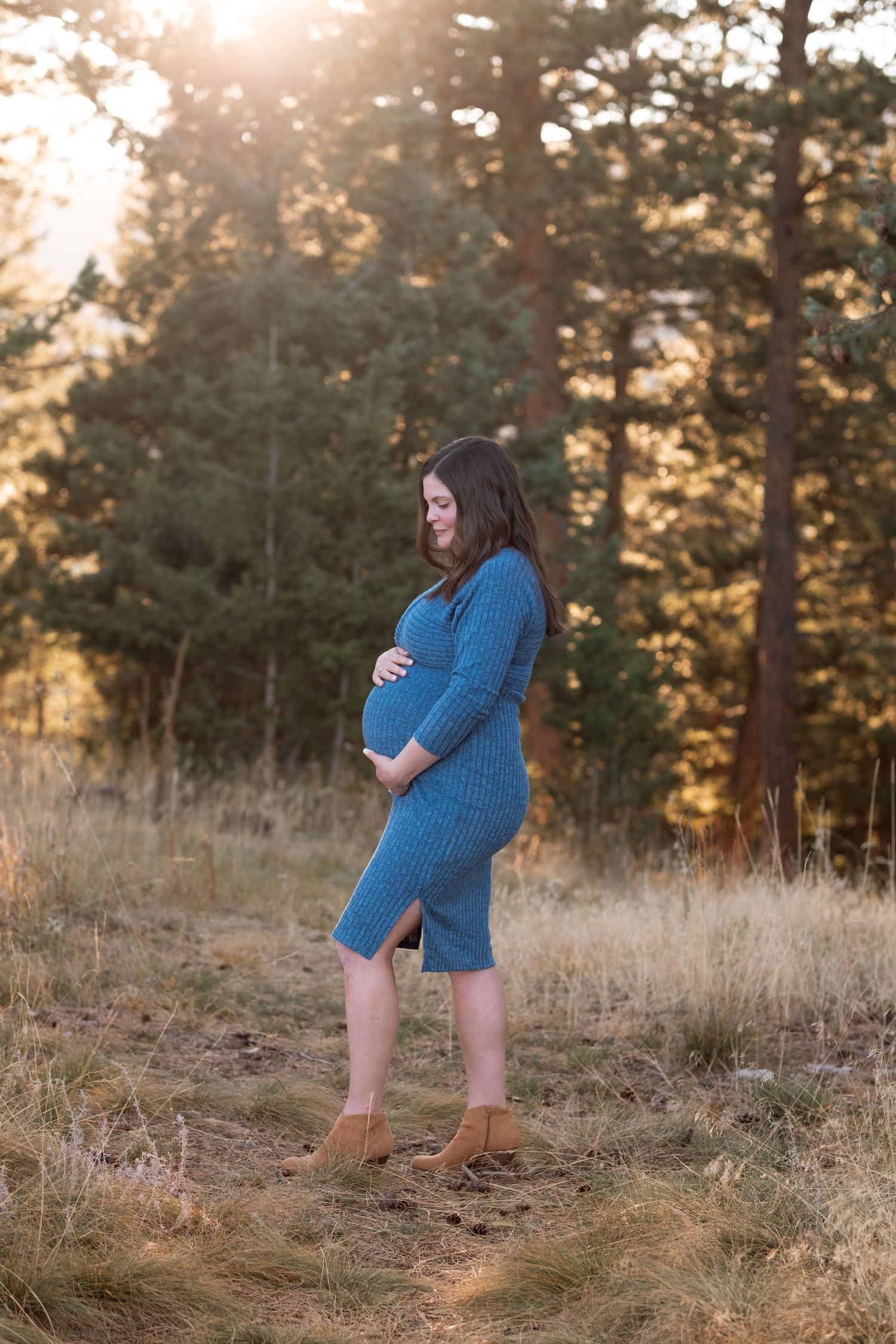 Maternity portrait of pregnant mother's profile as she holds her belly, wearing a blue dress at Mt Falcon West.