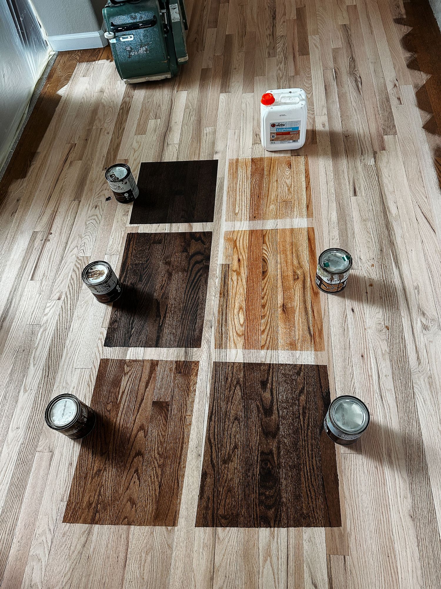 Multiple stain swatched on recently sanded hardwoord floors.