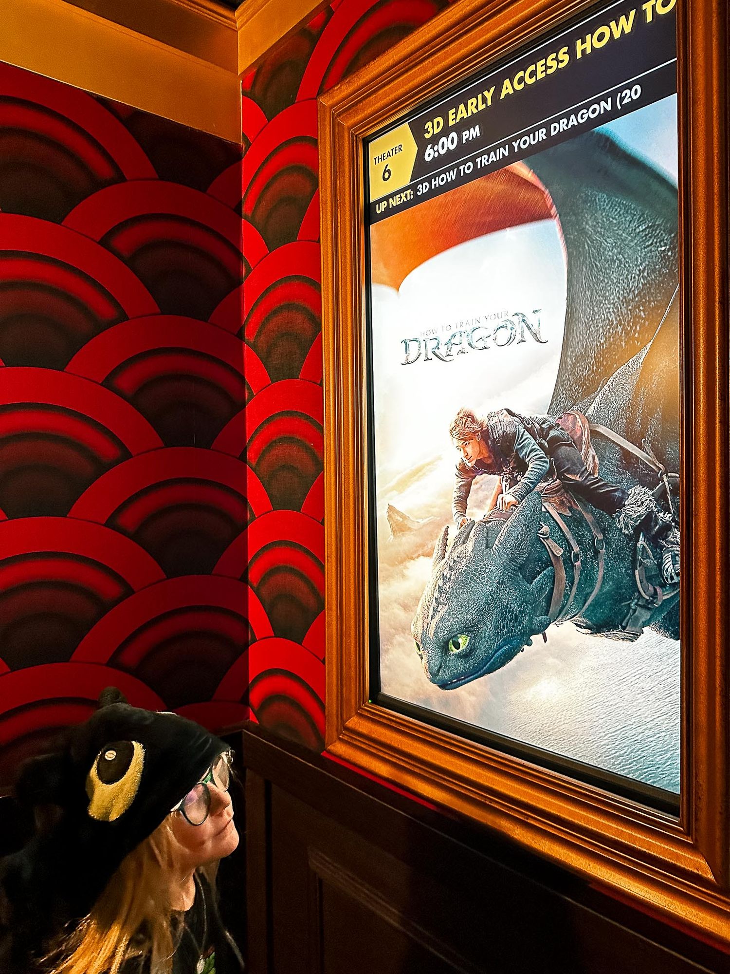 Young girl wearing Toothless dragon hoodie looking at How to Train Your Dragon movie poster.