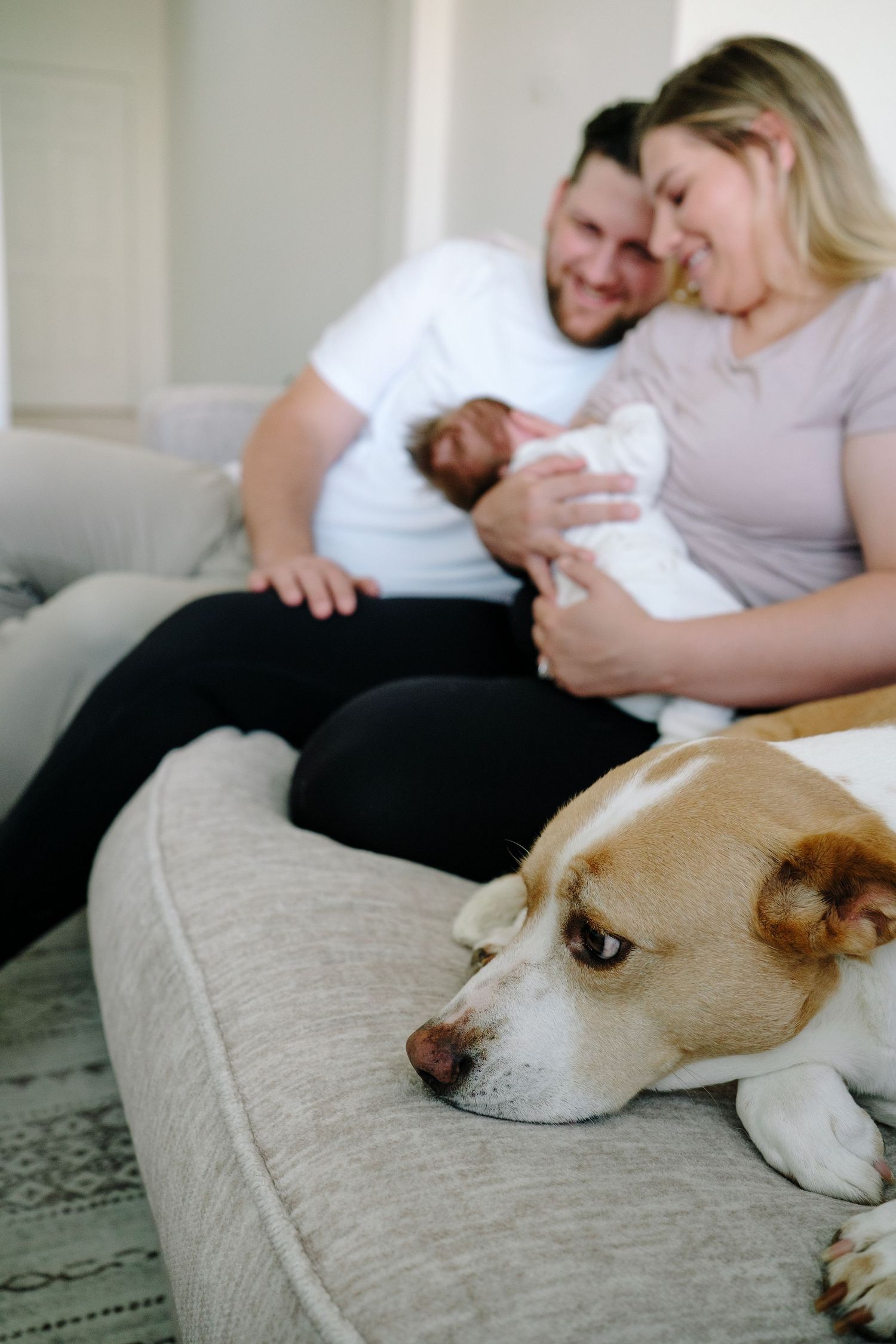 Dog sitting on couch in foreground, father, mother and newborn son snuggling in background.