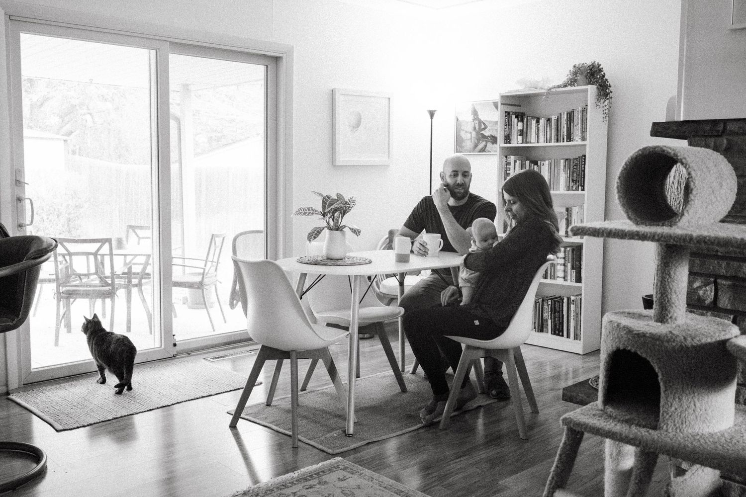 In home newborn photo session, father and mother sitting at the kitchen table, mother holding newborn, cat peering out the back door.