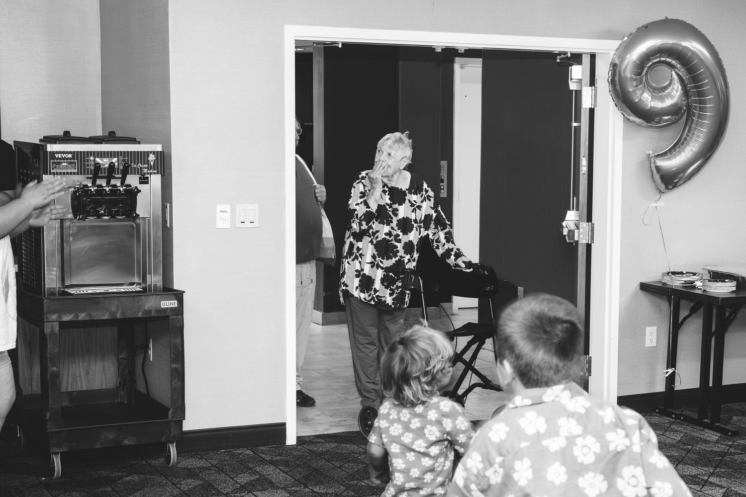 Grandma's surprised reaction at her surprise 90th birthday party.