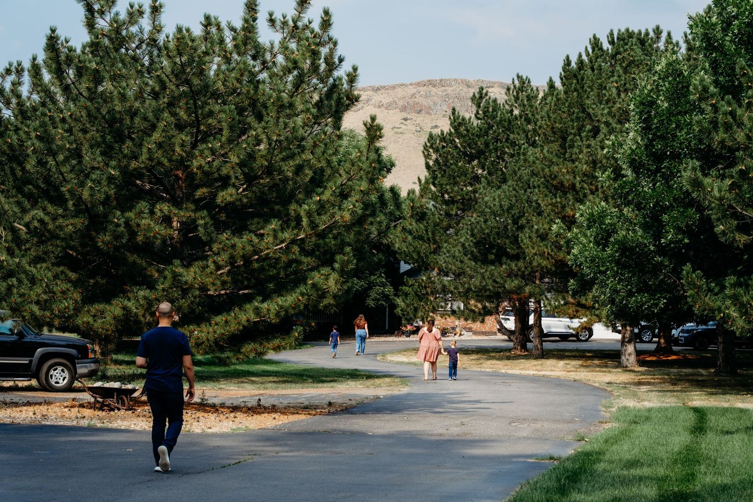 Family walking down path, path surrounded by evergreen trees, foothills in background.