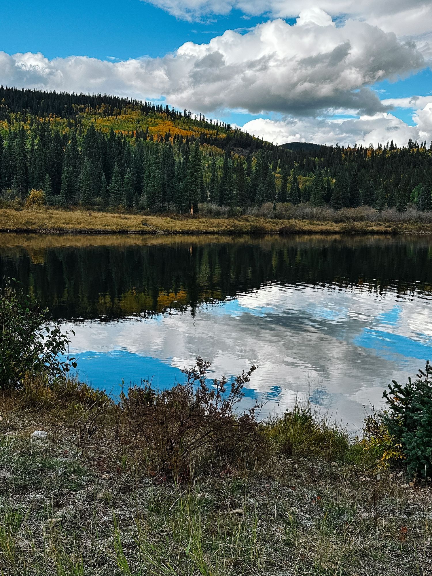 Project 365 photo - mountain photo with lake, lake reflecting cloudy and blue skies.