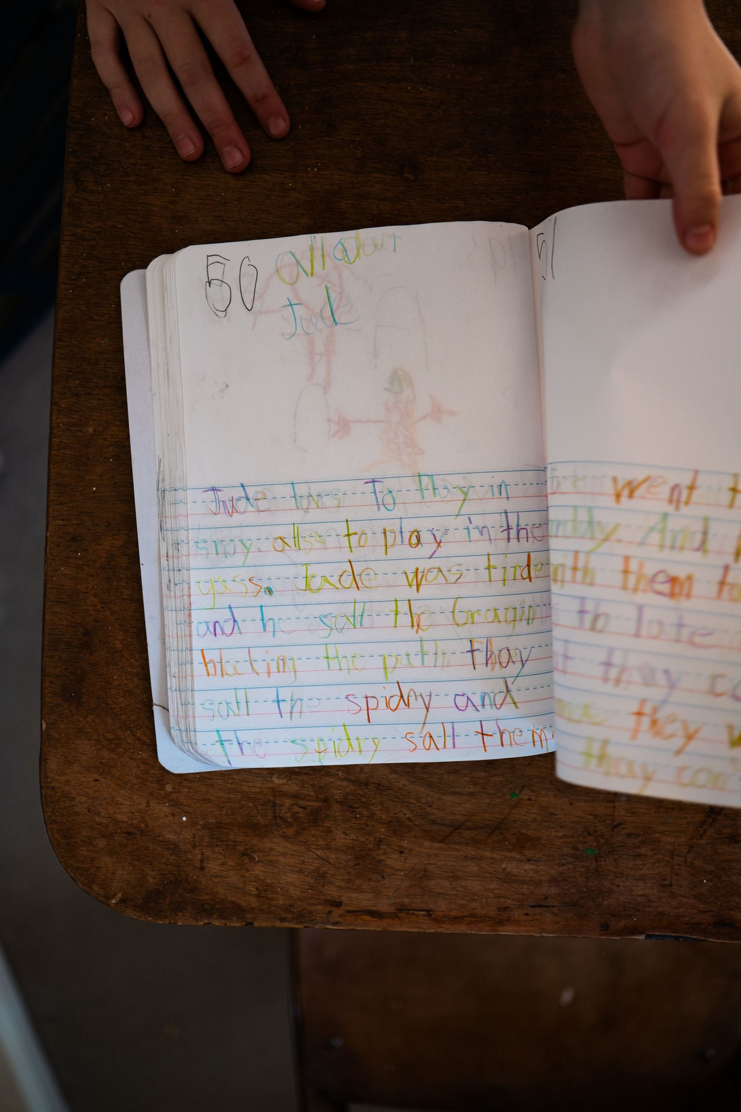 Documentary photo of child journal in colorful writing.