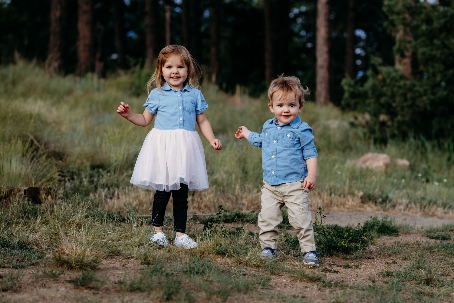 Young girl wearing a dress standing next to toddler brother wearing chambray shirt and khakis, forest in the background, both smiling.