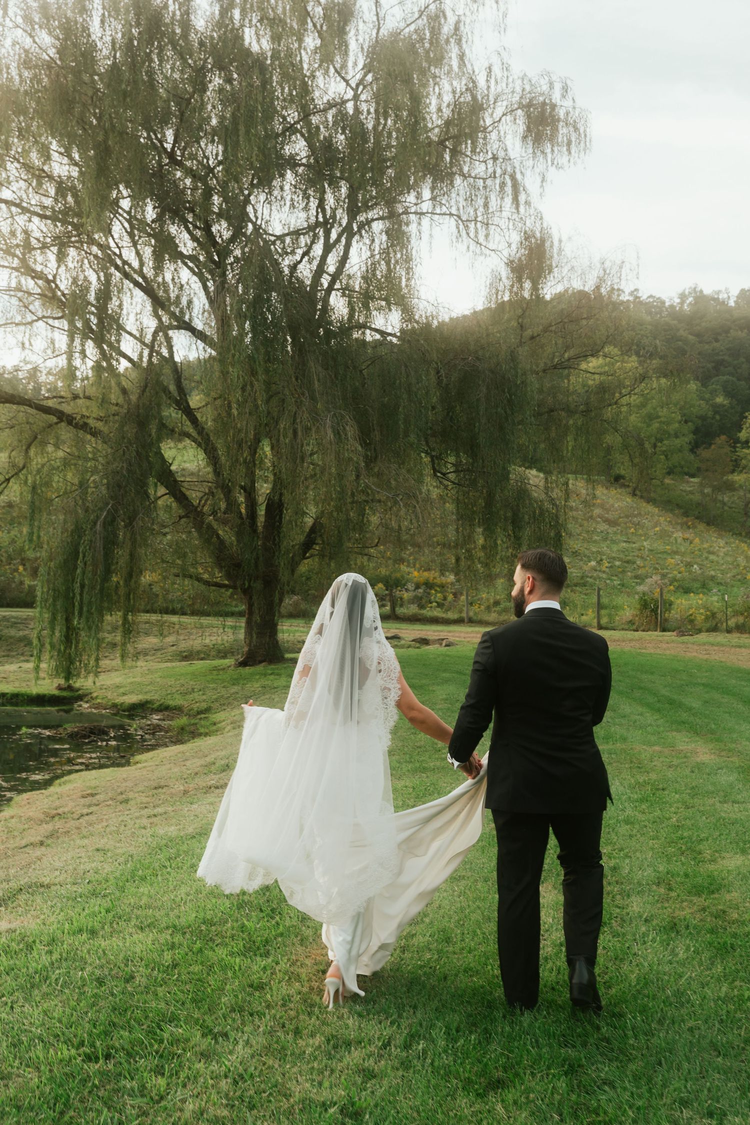 Bride and groom walking hand in hand toward weeping willow tree, bride's veil flowing in the breeze.