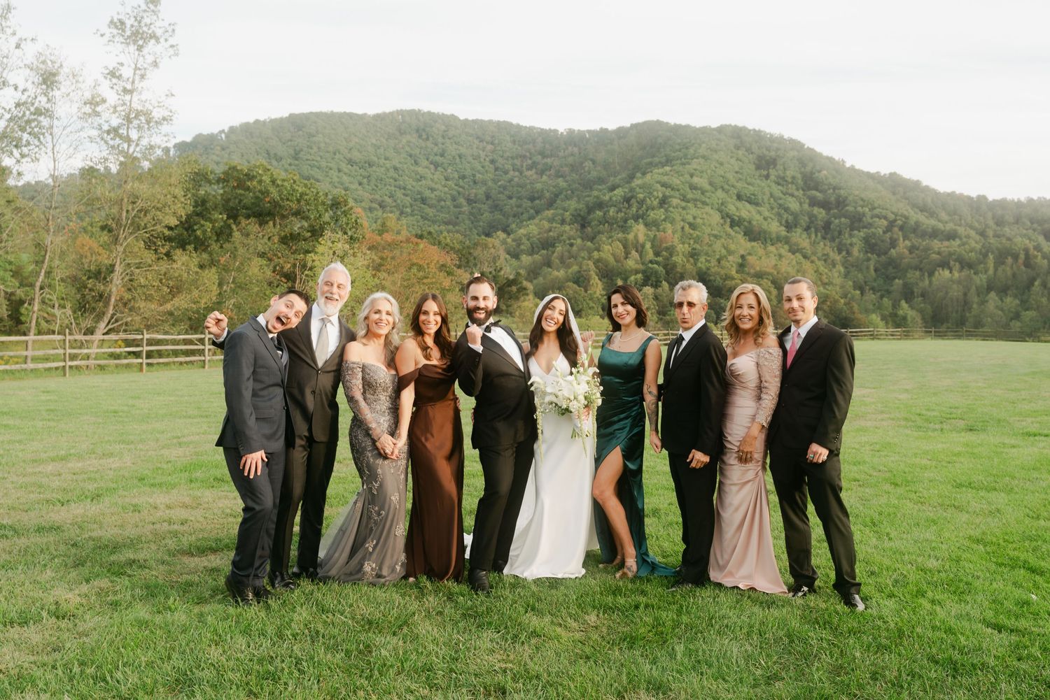 Wedding party posing outdoors on green lawn with mountain backdrop, bride in white gown surrounded by guests in formal attire.