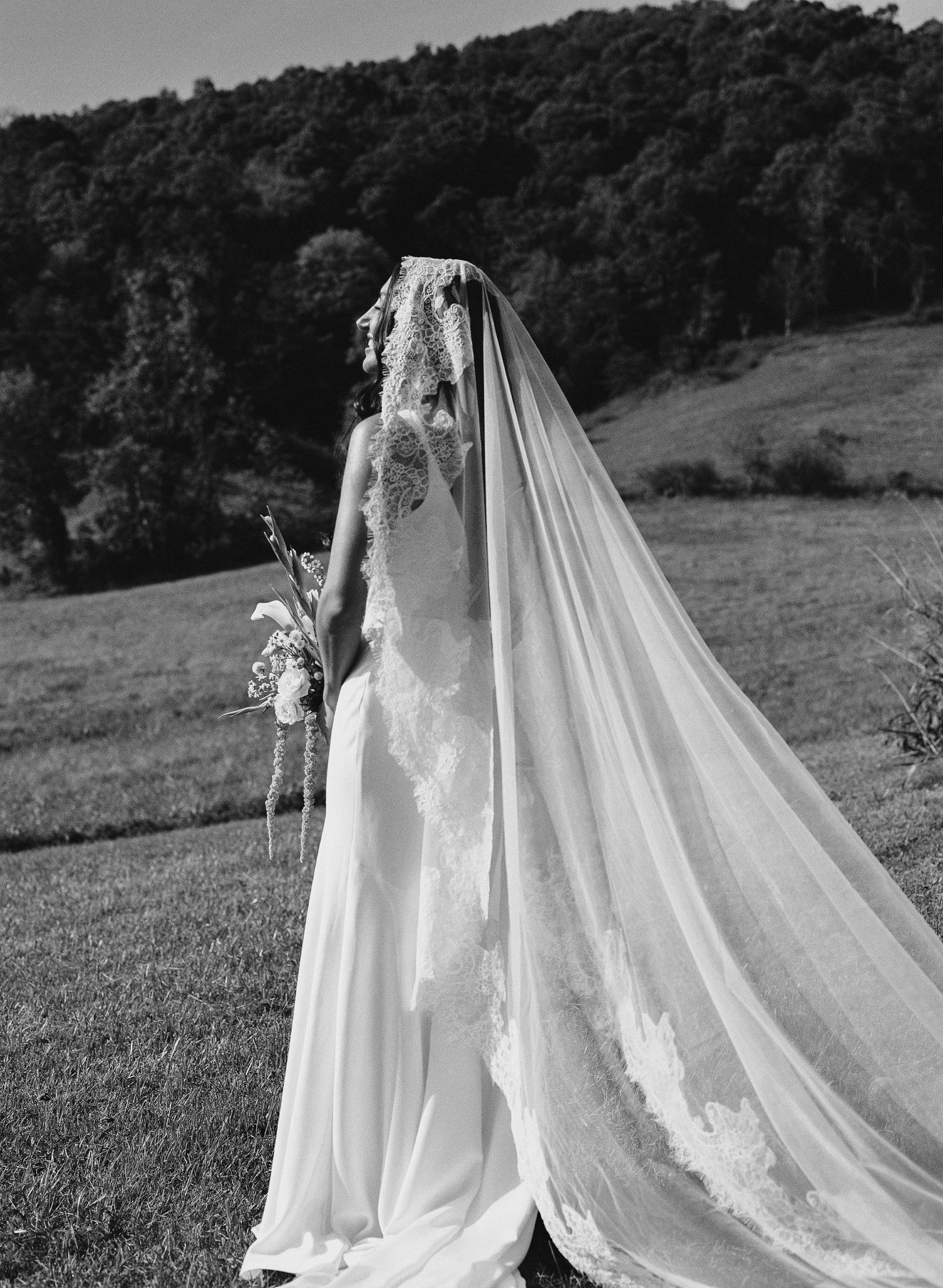Black and white photo of a bride in a lace wedding gown with a long flowing veil, standing in a green meadow.