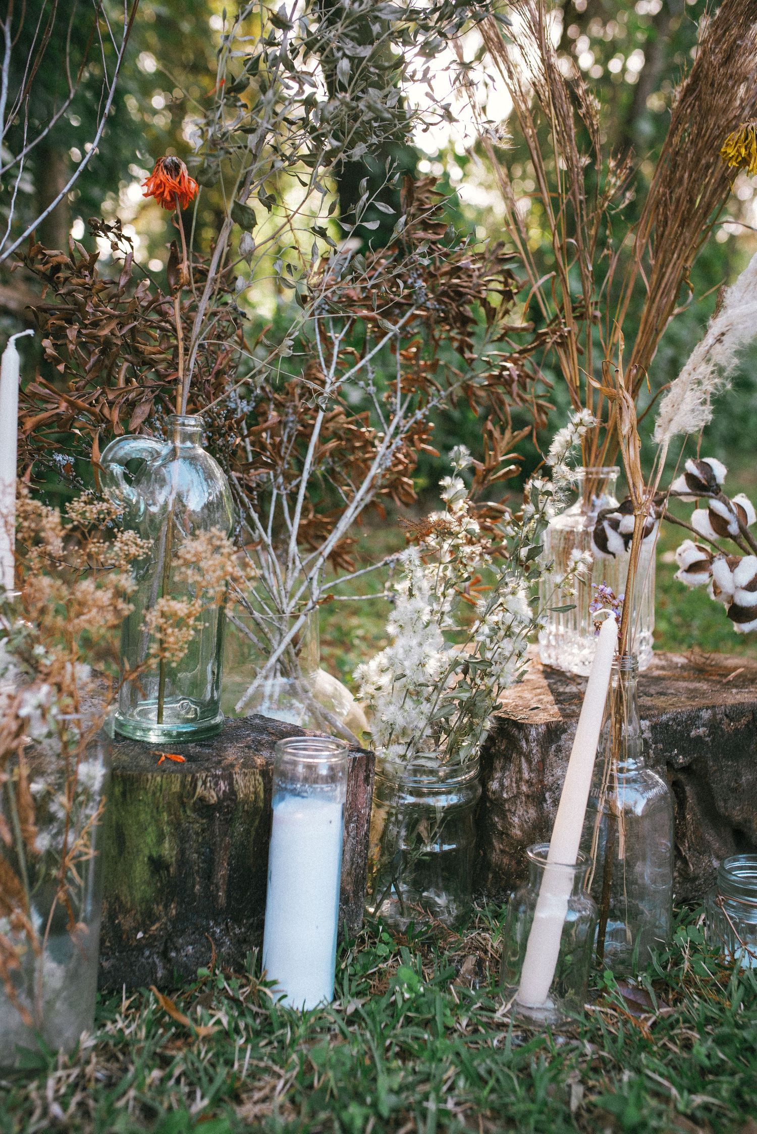 Glass jars with candles hang from tree branches in an outdoor garden setting.