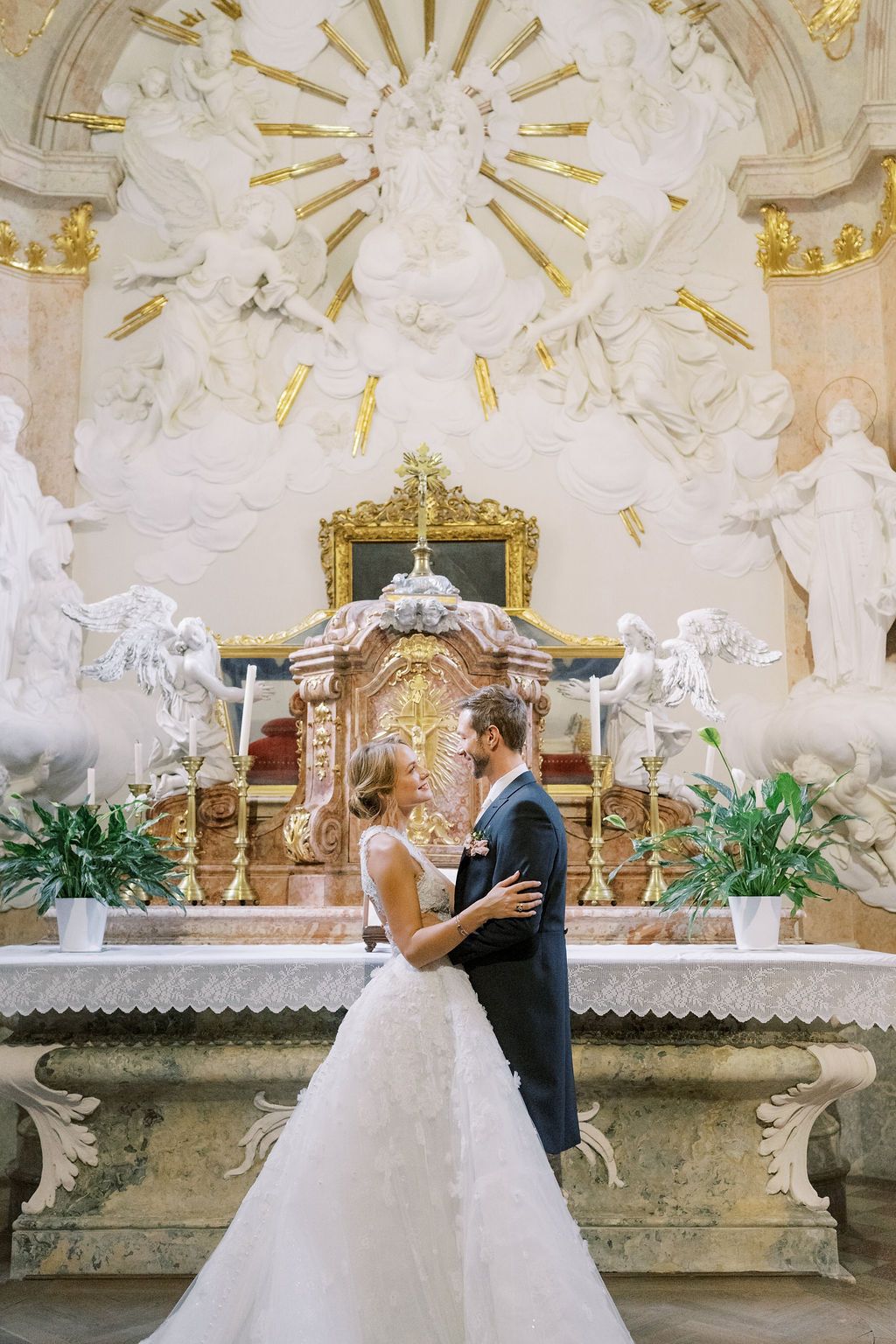 Couple portrait in baroque interior at Schloss Eckartsau Austria — European destination wedding photography