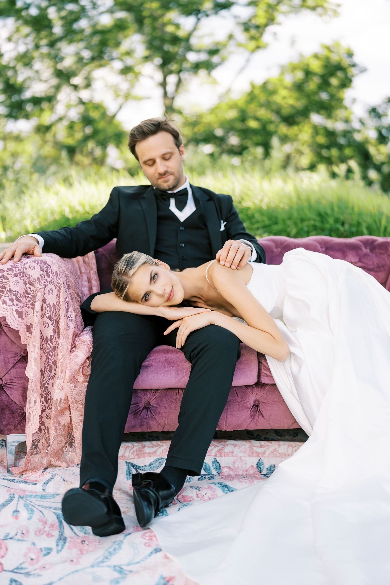 Wedding couple in a romantic outdoor garden portrait — Boston wedding photographer Helen Fang Studio