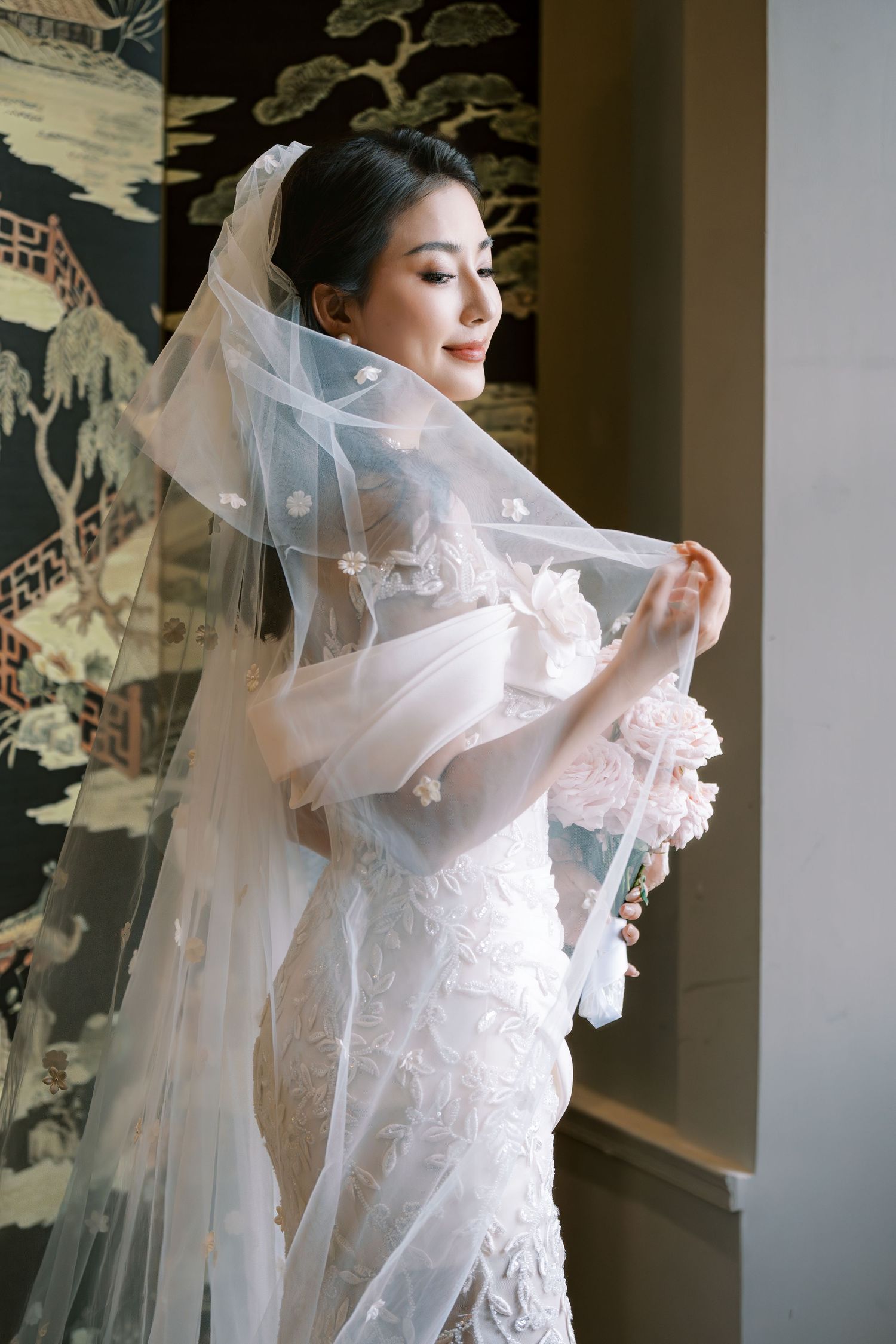 Bride in white lace gown with flowing veil — Boston engagement photographer Helen Fang Studio