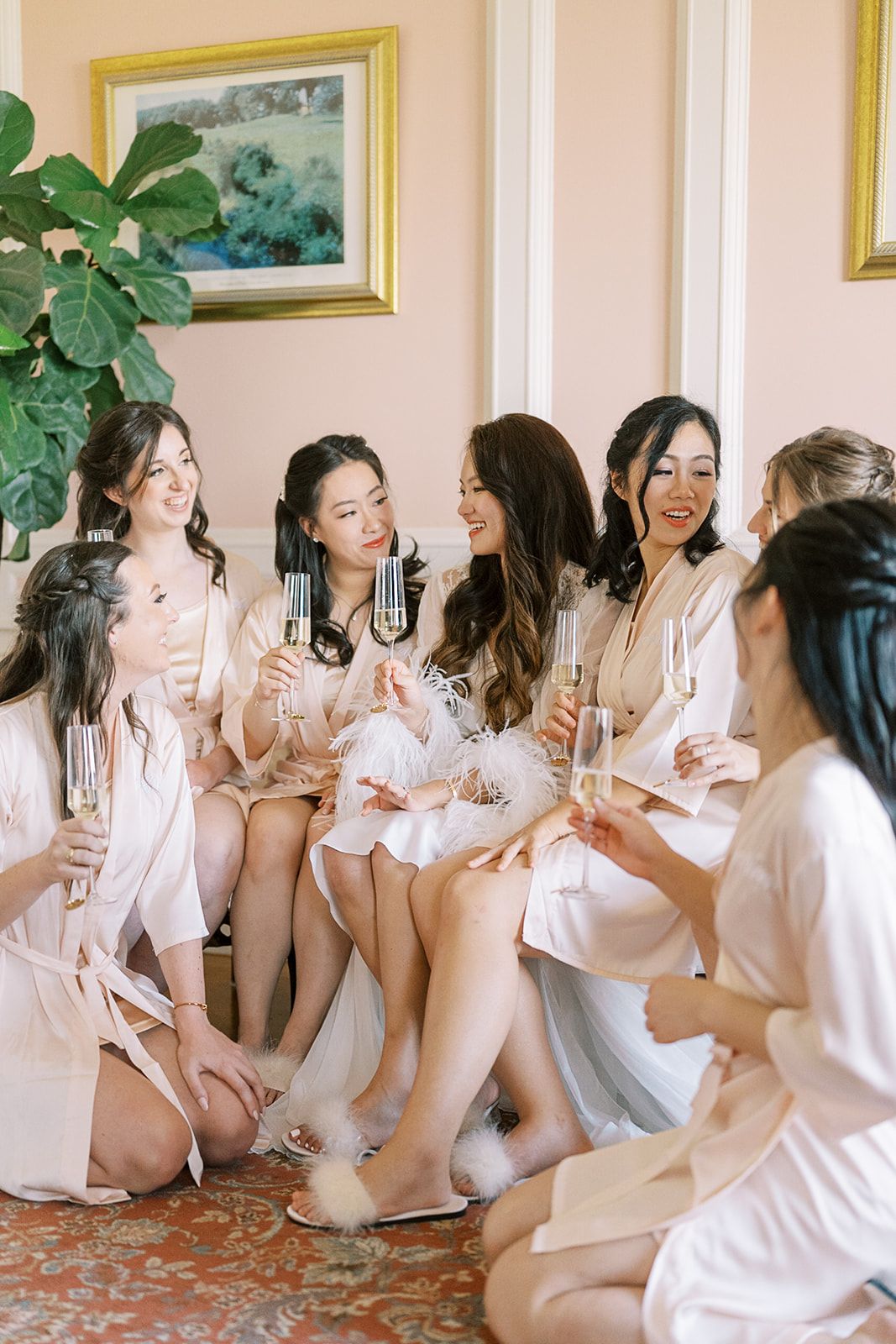 Bridesmaids getting ready in matching robes — Boston wedding photographer Helen Fang Studio