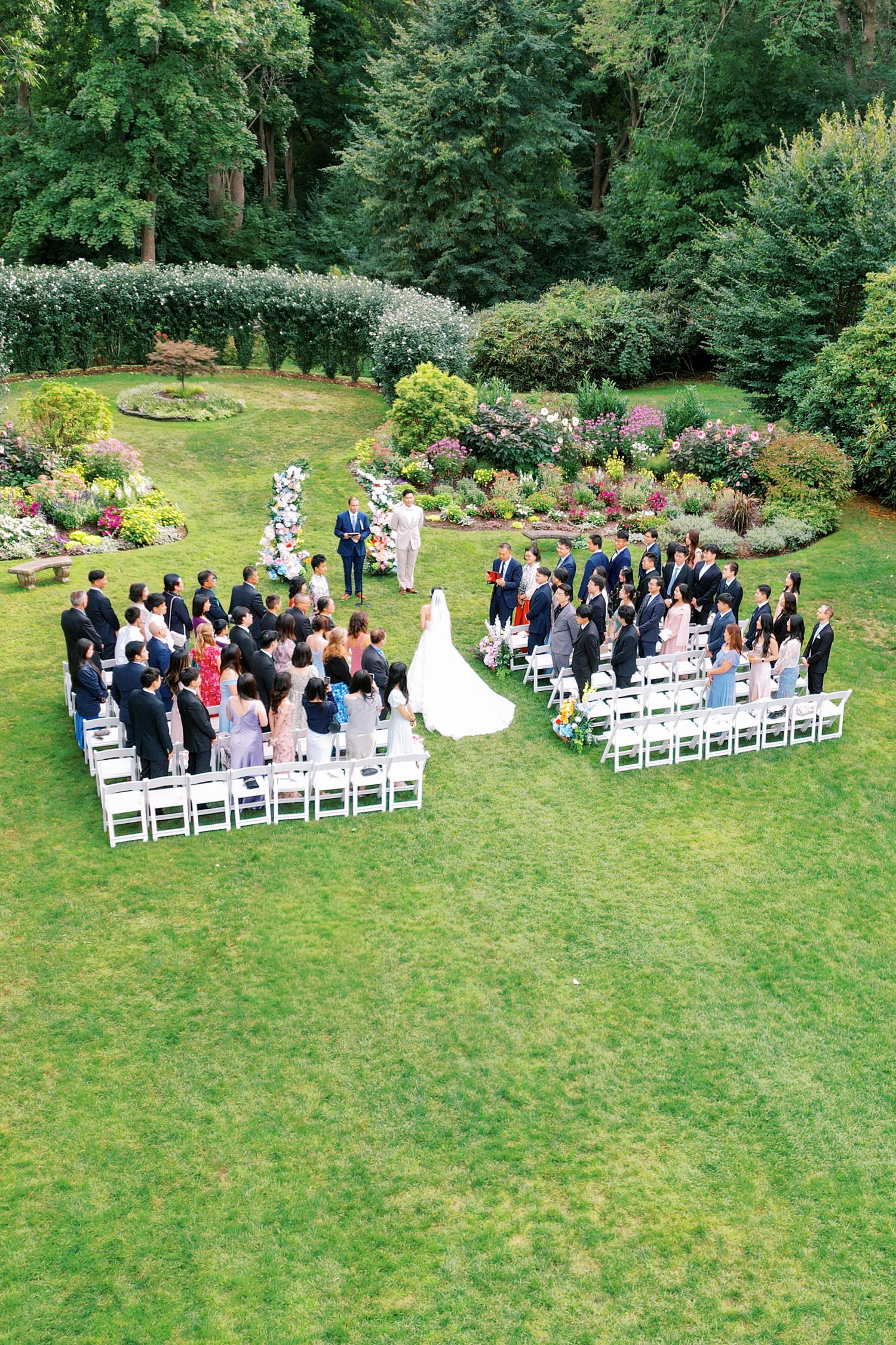 Duanchen Liu and Zonglin Peng's outdoor ceremony at Glen Manor Rhode Island — aerial wedding photography by Helen Fang Studio