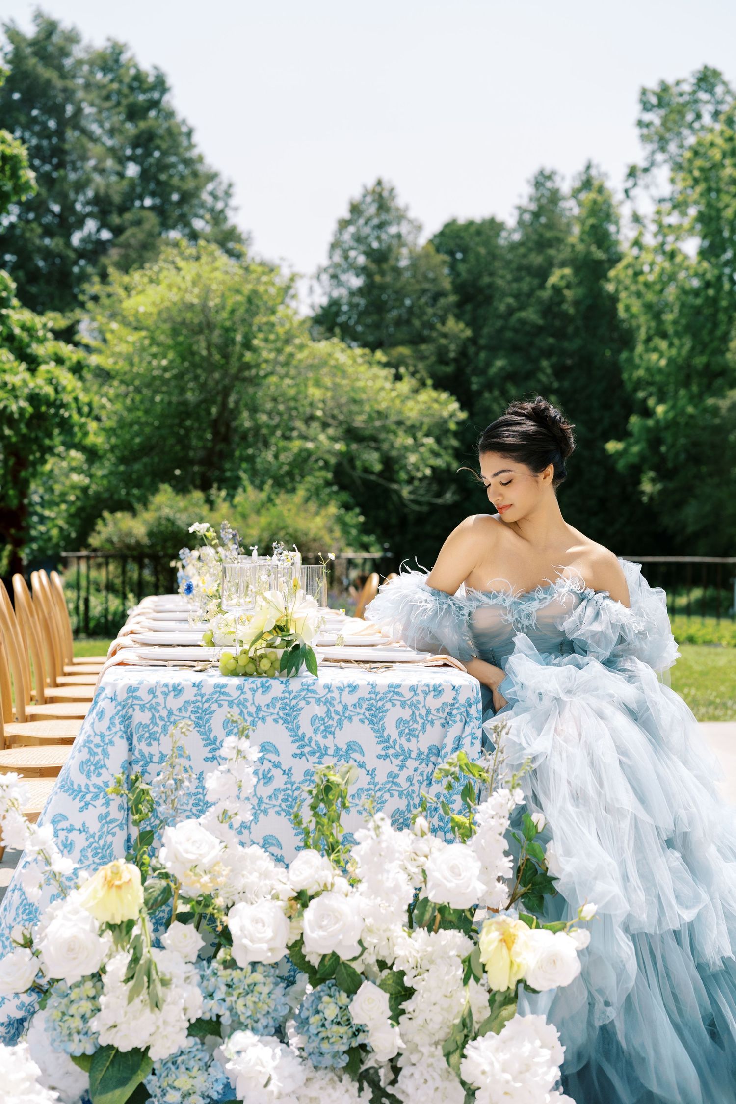Bride in blue ballgown at an outdoor garden styled shoot — Boston wedding photographer Helen Fang Studio