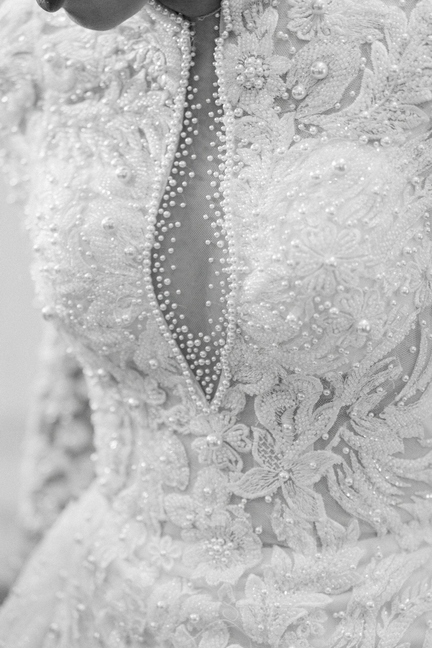 Close-up detail of beaded lace wedding dress — Boston wedding photographer Helen Fang Studio