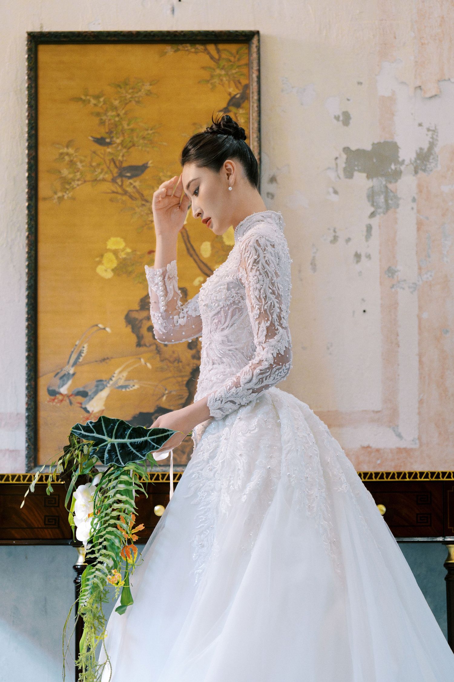 Bride in white ball gown posed in a gilded ballroom — Boston wedding photographer Helen Fang Studio