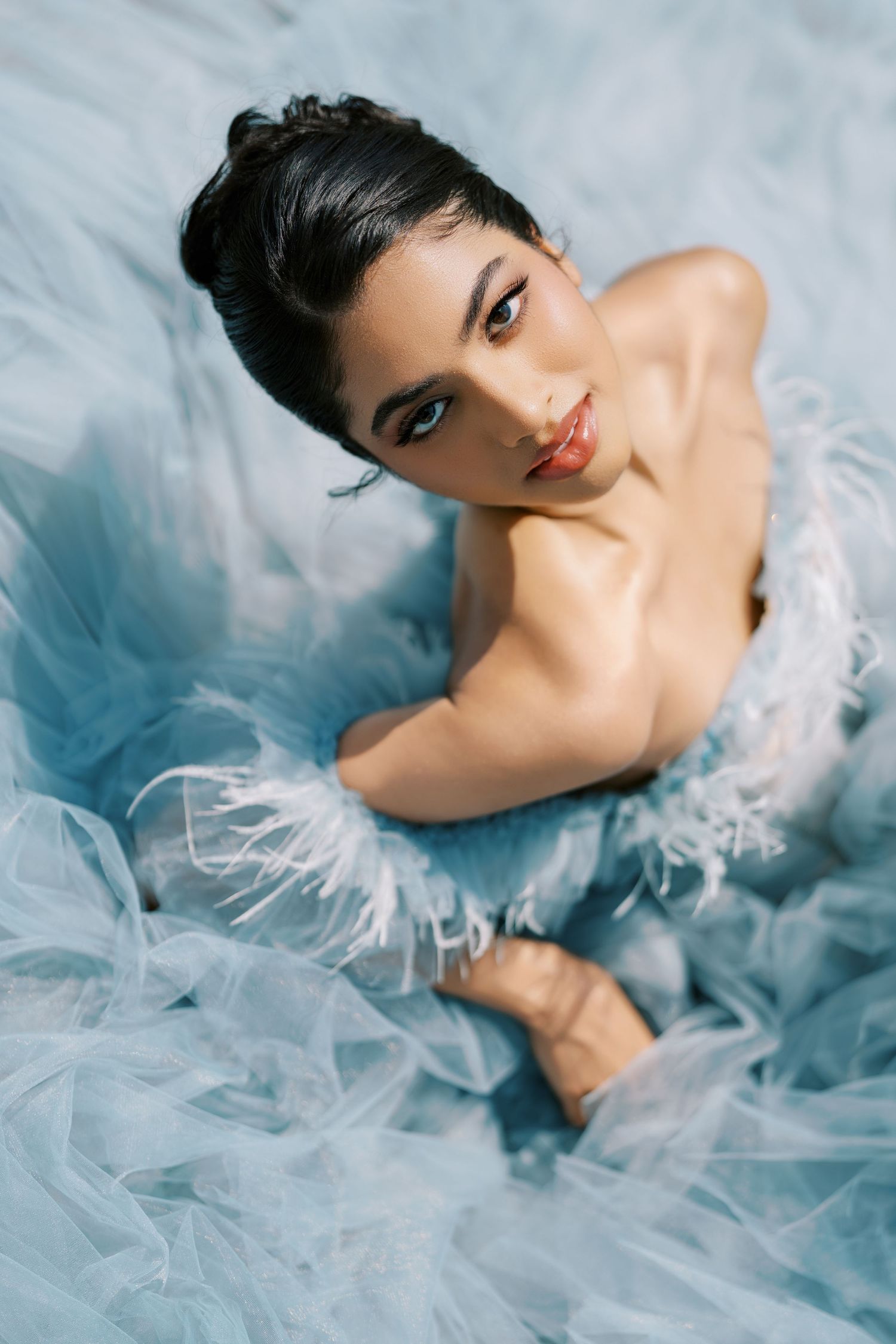 Artistic bridal portrait in flowing tulle gown — Helen Fang Studio fine art wedding photography