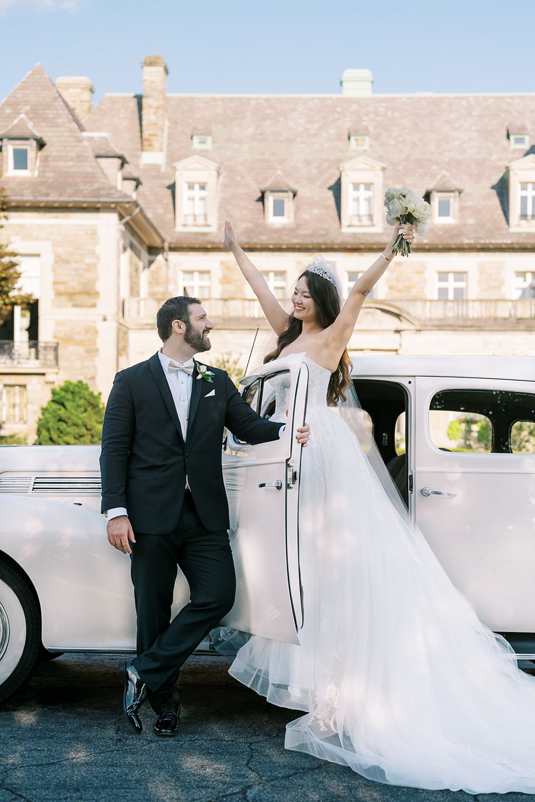 Cathy and Vincent's portrait beside a vintage car at Aldrich Mansion — Boston wedding photographer Helen Fang Studio