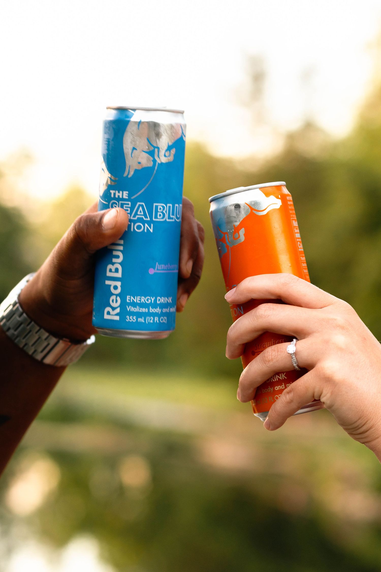 Two hands clink Red Bull energy drink cans together outdoors in a celebratory toast near a lake at Grings Mill in Reading, PA.