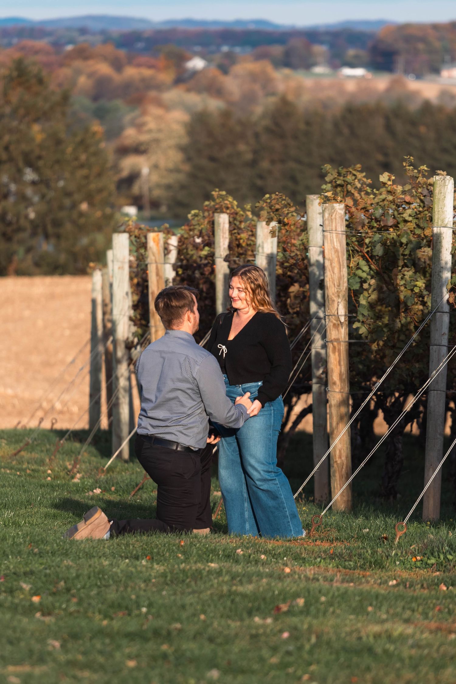 Man proposing on one knee to woman in a vineyard during golden hour autumn engagement moment in Lancaster, PA.